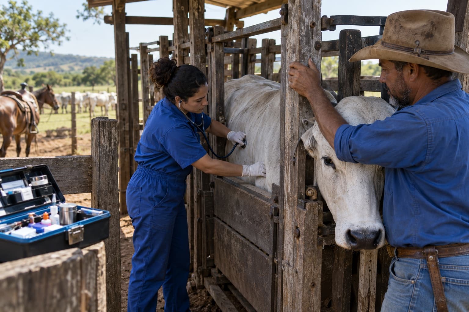 Veterinário de macacão azul examinando uma vaca no tronco de contenção, com o fazendeiro segurando a porteira e a maleta aberta sobre a cerca