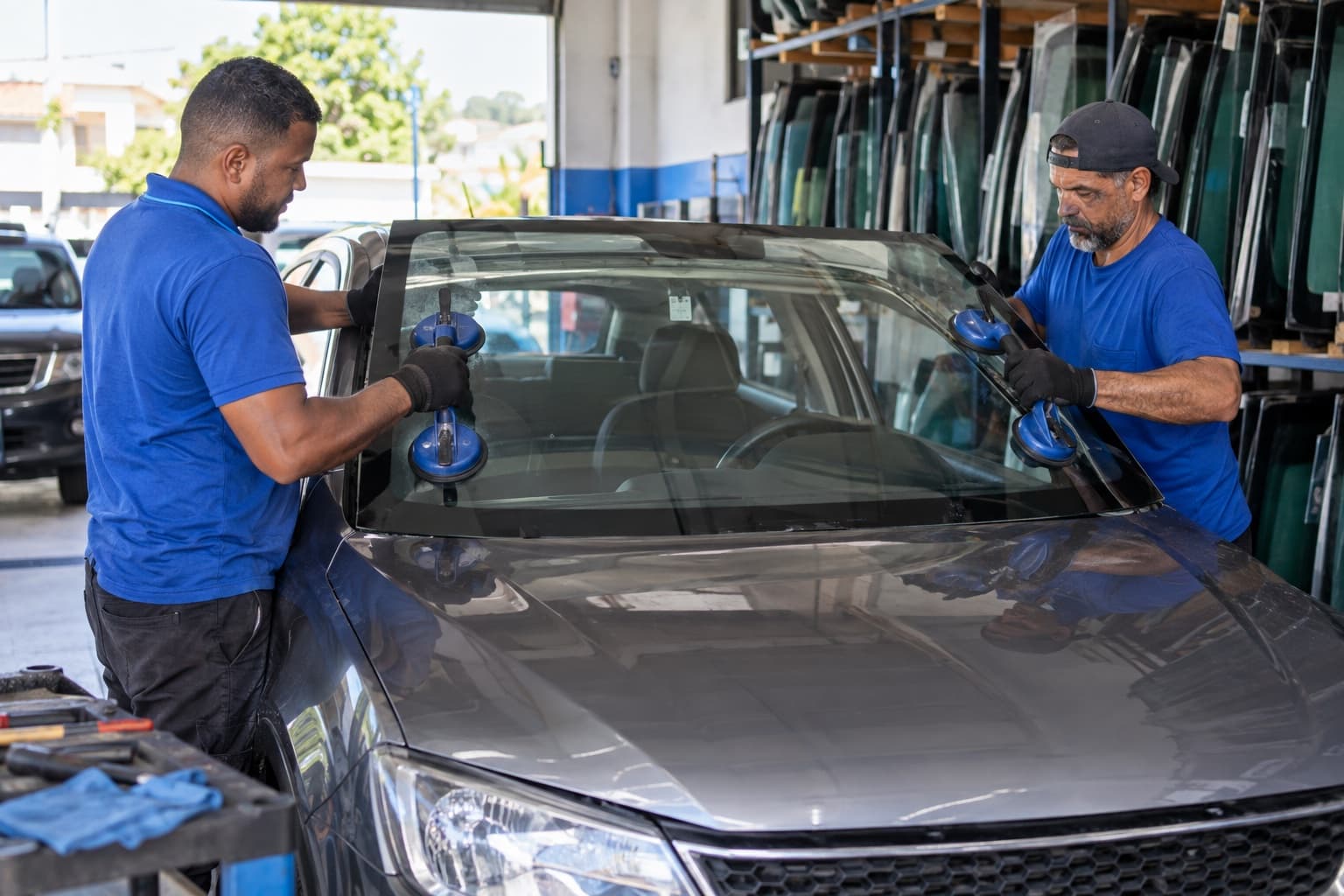 Dois técnicos encaixando um para-brisa novo num carro prateado com ventosas, com vidros automotivos em racks ao fundo
