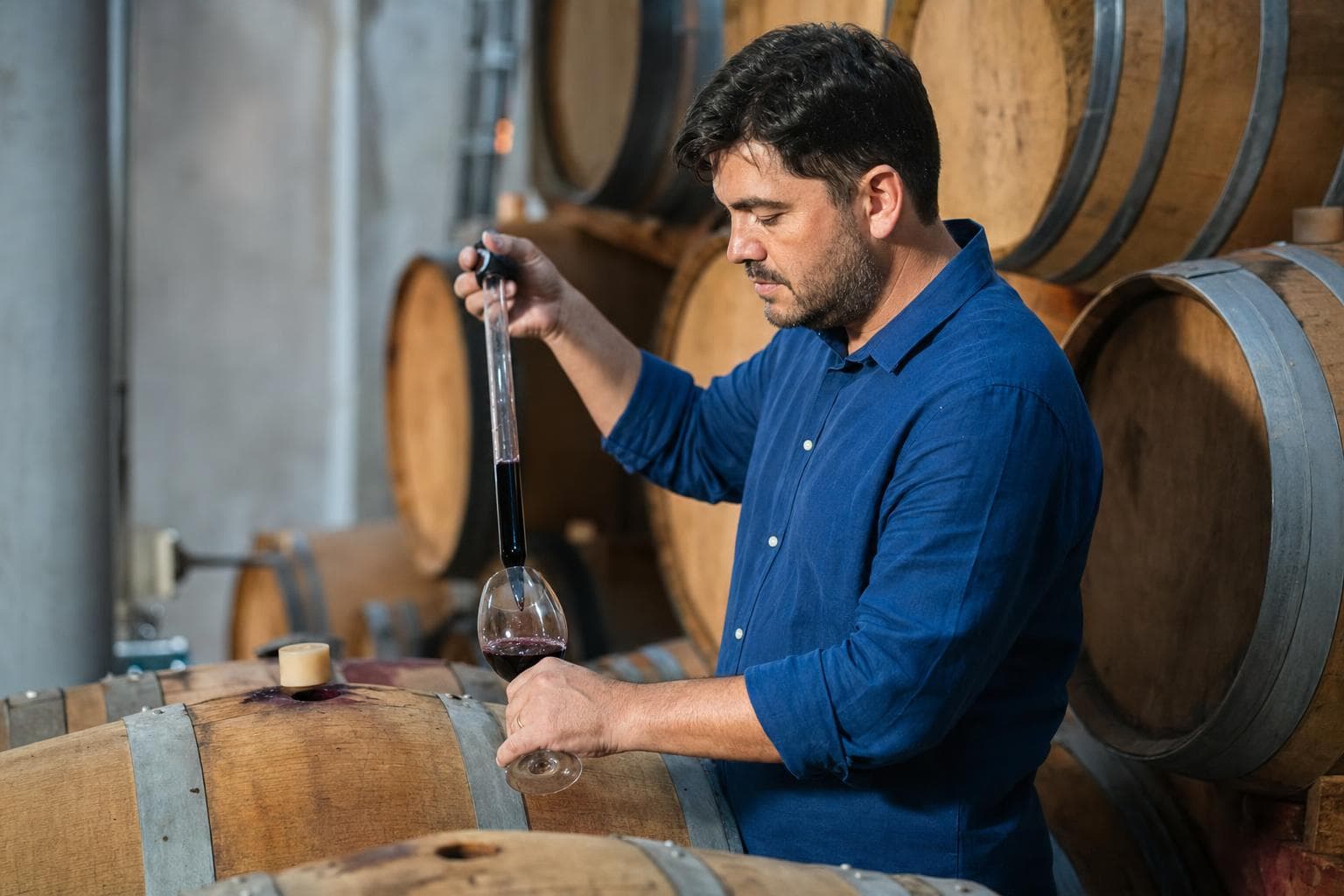 Enólogo retirando amostra de vinho de um barril de carvalho na adega