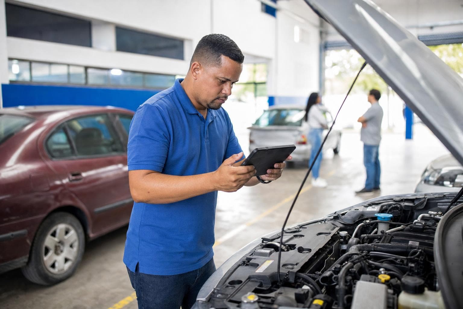 Vistoriador fotografando o número do chassi de um carro com tablet em um box de vistoria