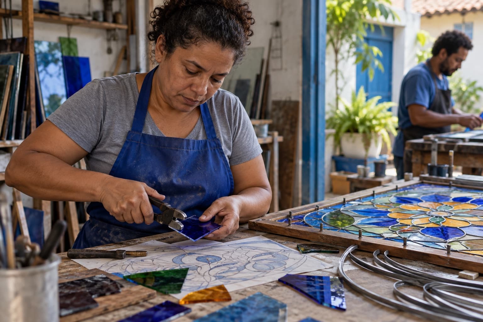 Artesã de avental azul cortando peças de vidro colorido sobre o desenho de um vitral na bancada de um ateliê, com tiras de chumbo e painel em montagem