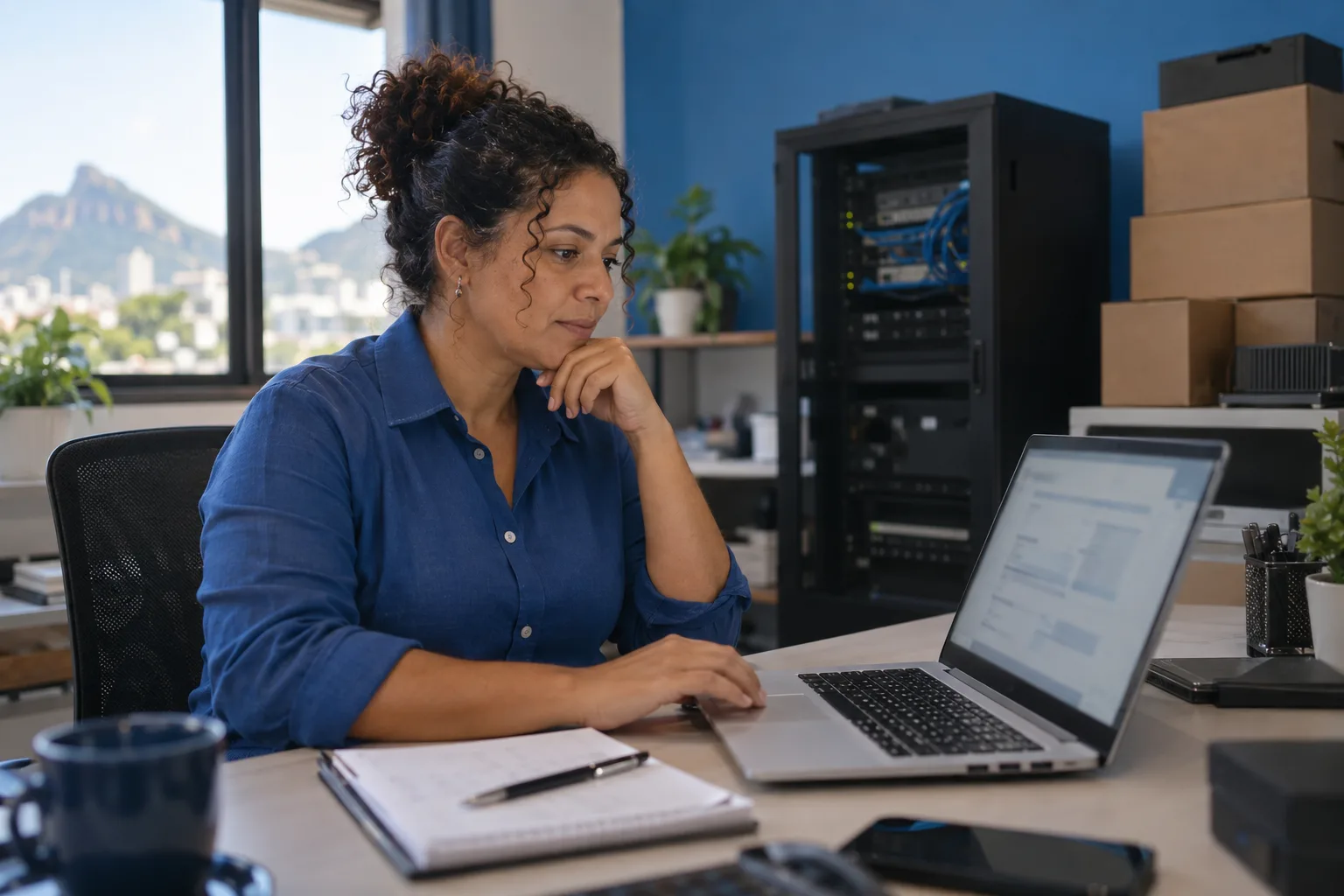 Dona de consultoria de TI confere uma nota fiscal eletrônica no notebook do escritório