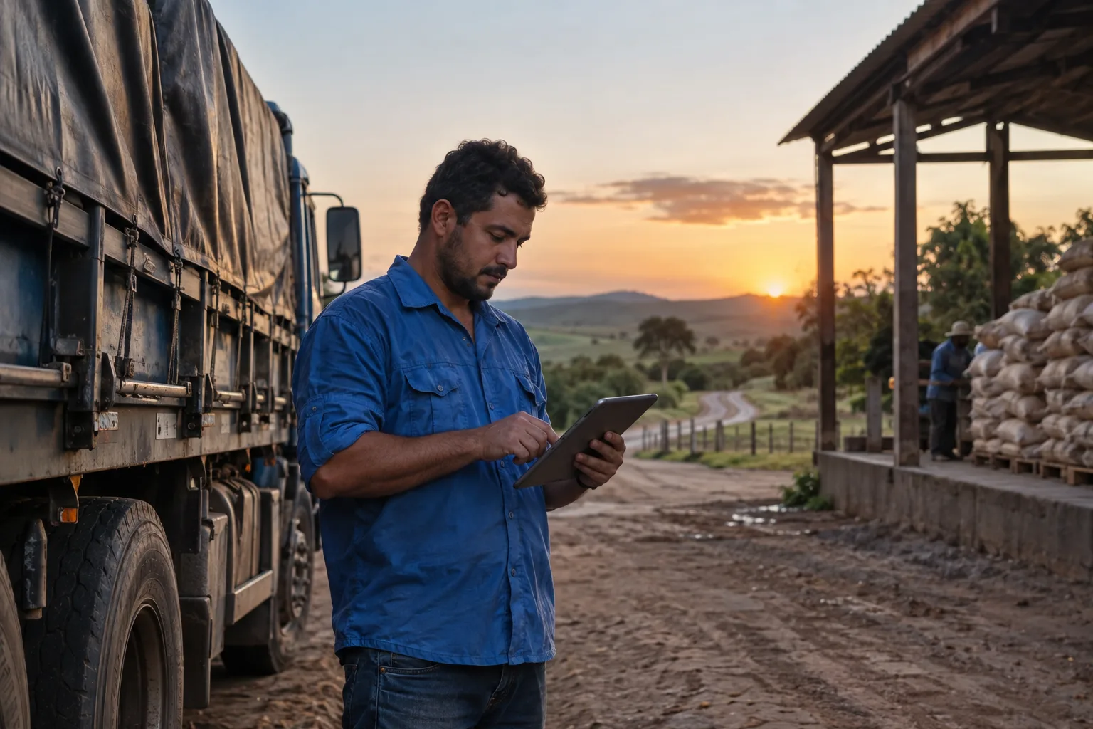 Motorista confere o tablet ao lado do caminhão num pátio rural ao entardecer
