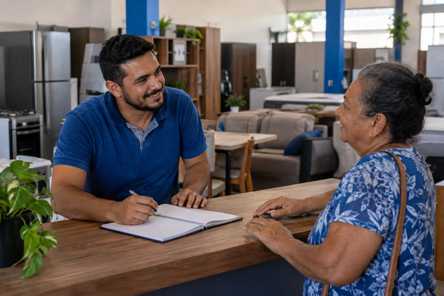 Dono de loja de móveis atende uma cliente idosa no balcão com o caderno aberto