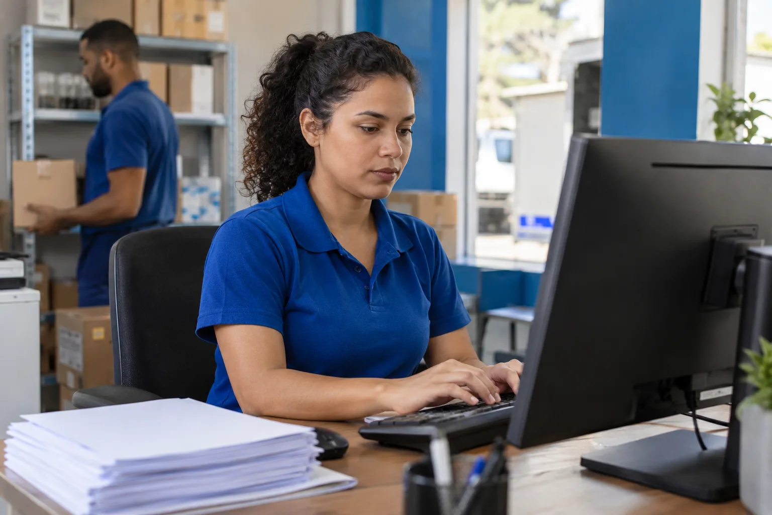 Assistente administrativa digita o cadastro de um cliente no computador do escritório