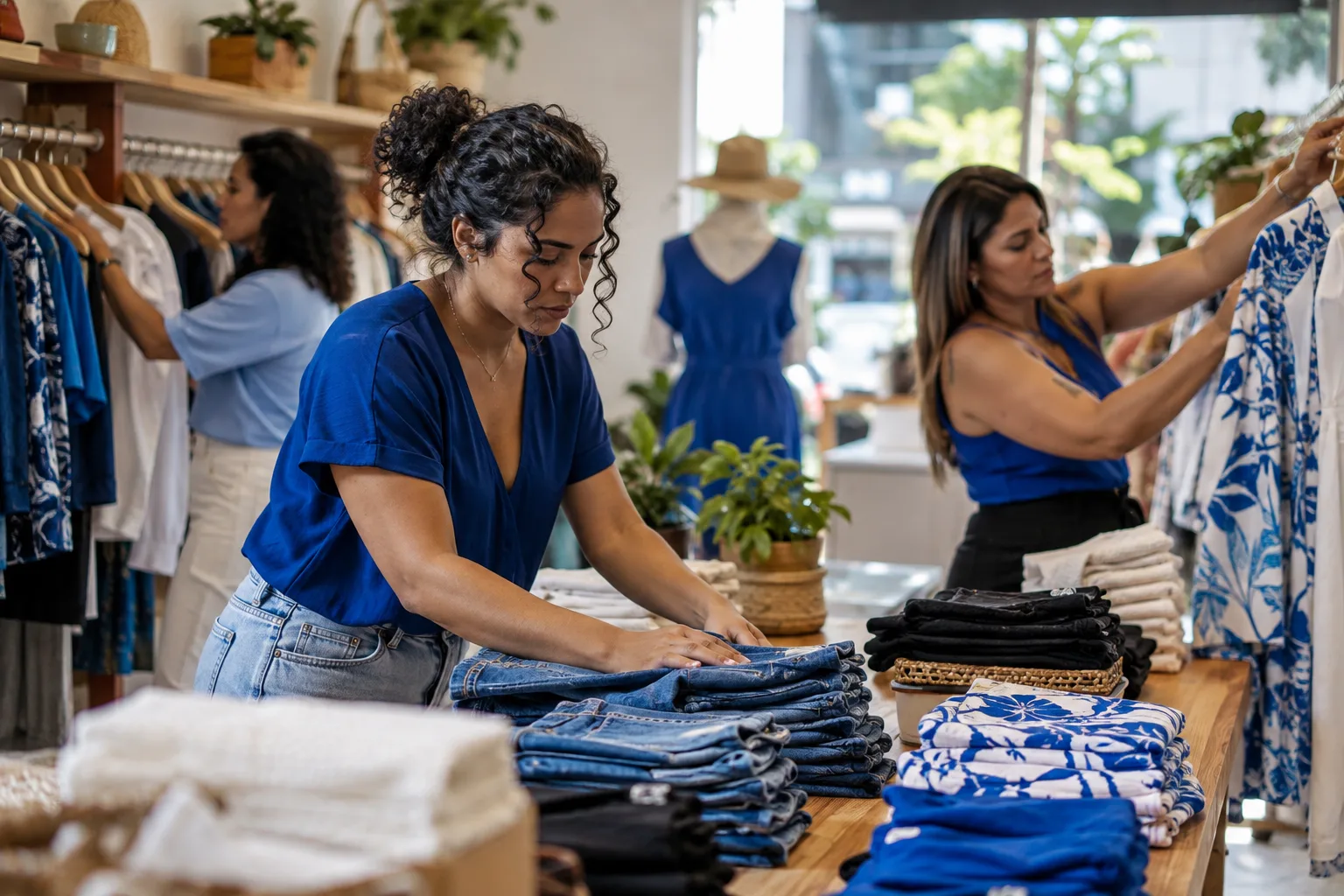 Equipe de uma pequena loja de roupas arruma produtos nas mesas antes de um grande dia de promoção