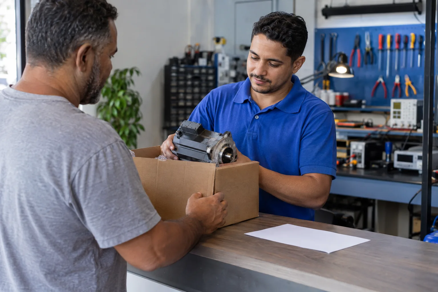 Técnico de assistência recebe no balcão uma peça de equipamento enviada para conserto