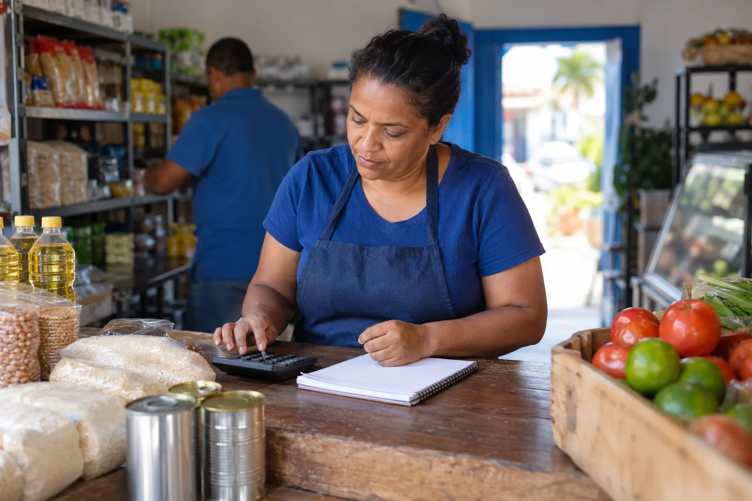 Dono de loja calcula preços com calculadora e caderno ao lado dos produtos no balcão