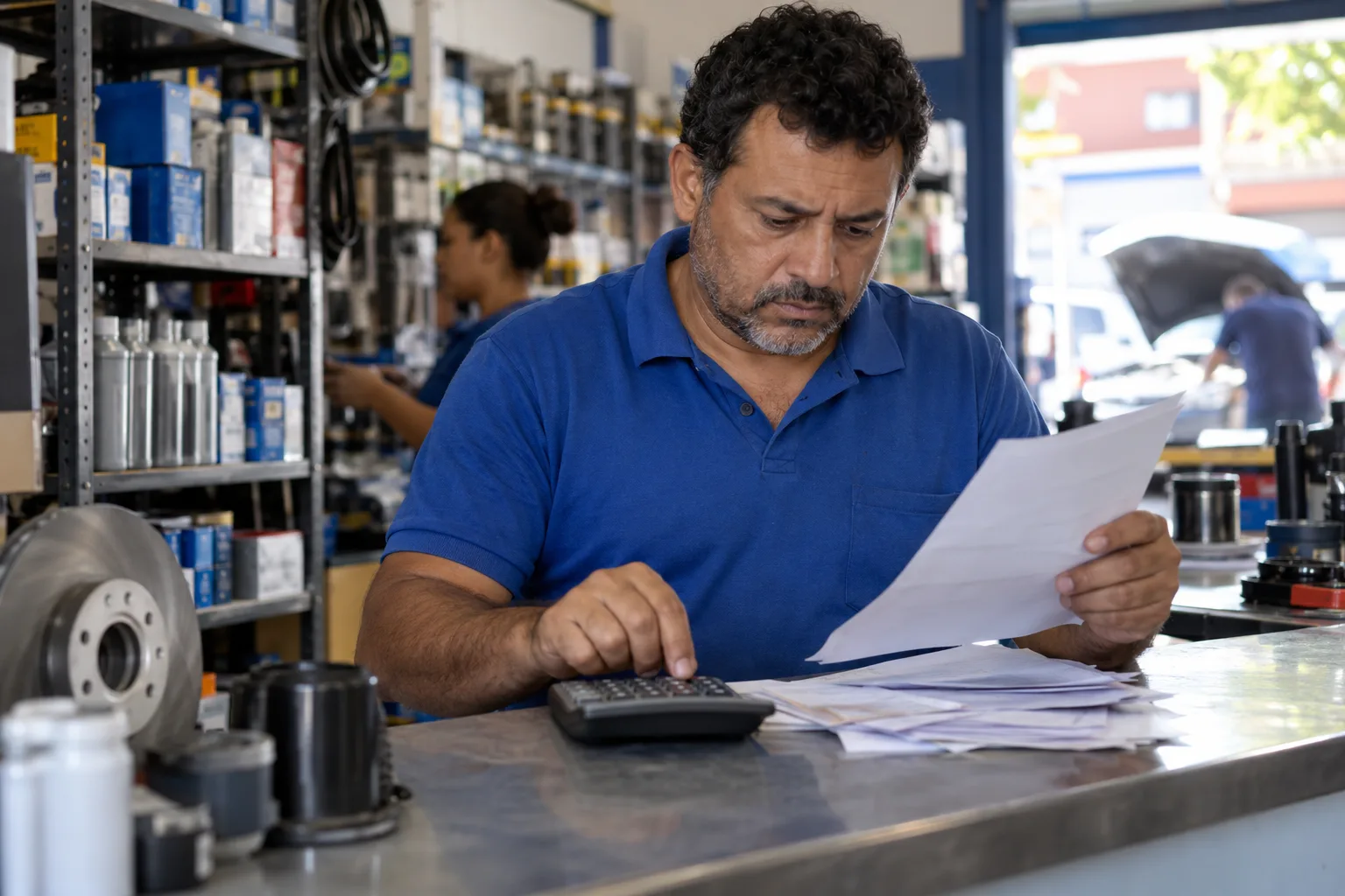 Dono de loja de autopeças confere extratos de débitos com calculadora no balcão