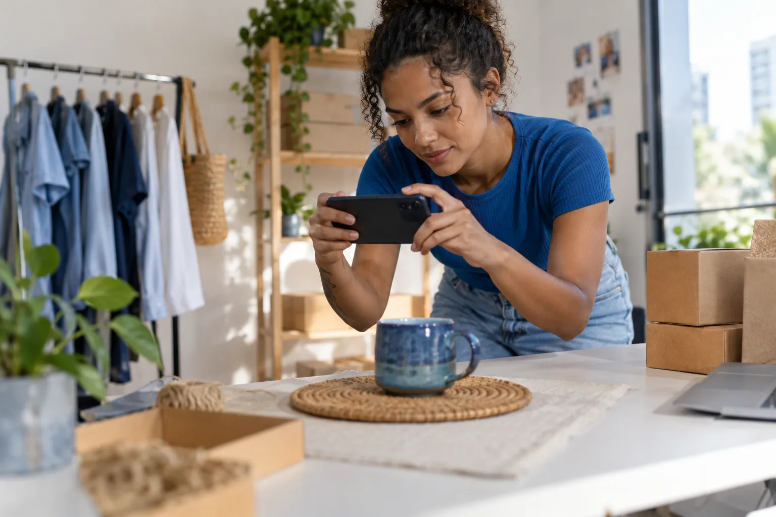 Jovem vendedora online fotografa um produto com o celular num pequeno estúdio em casa