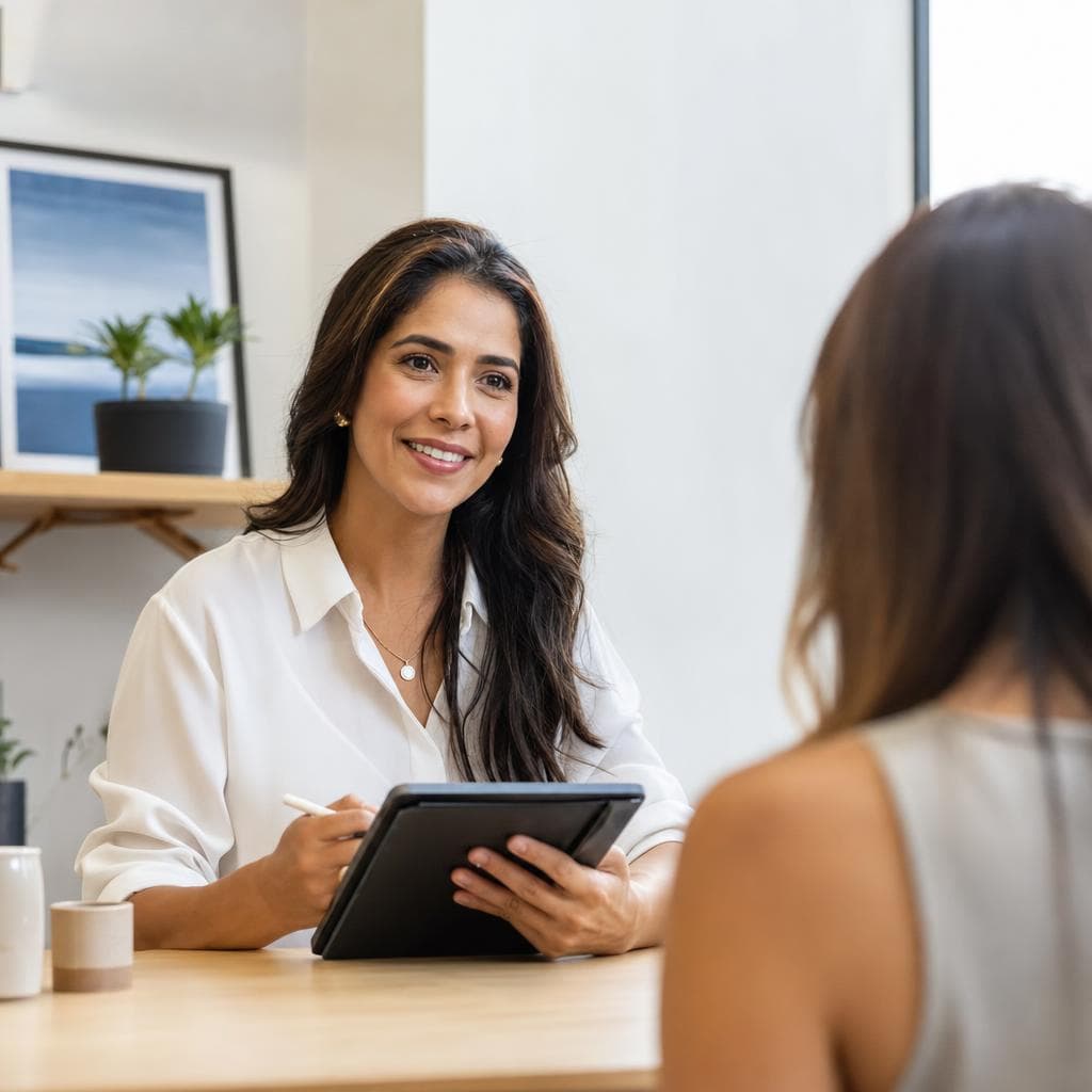 Profissional de serviços atendendo uma cliente com um tablet em mãos