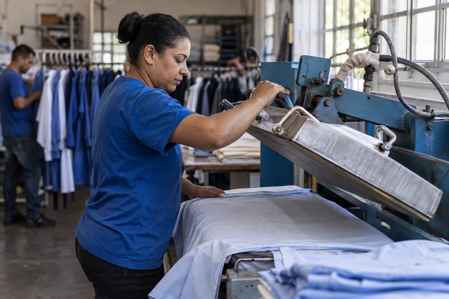 Trabalhador de camisa azul operando uma prensa a vapor sobre peças prontas numa oficina de acabamento têxtil, com araras de roupas passadas ao fundo