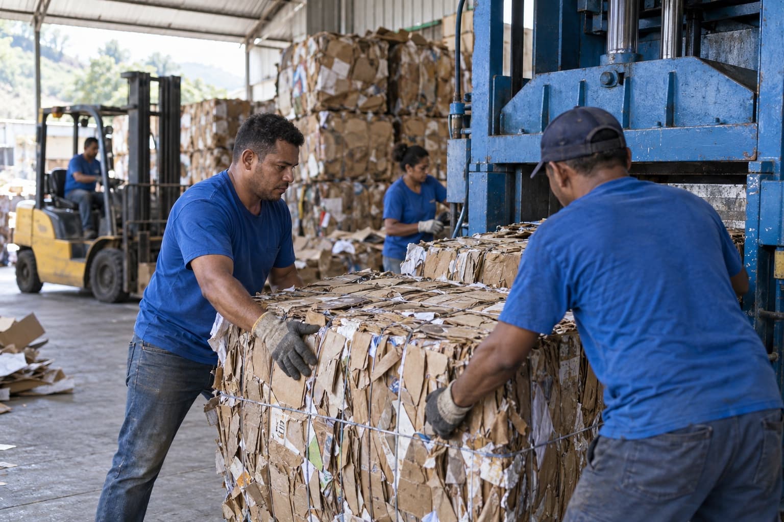 Trabalhadores de camisa azul empilhando grandes fardos de papelão prensado ao lado de uma prensa num galpão de reciclagem de papel, com empilhadeira ao fundo