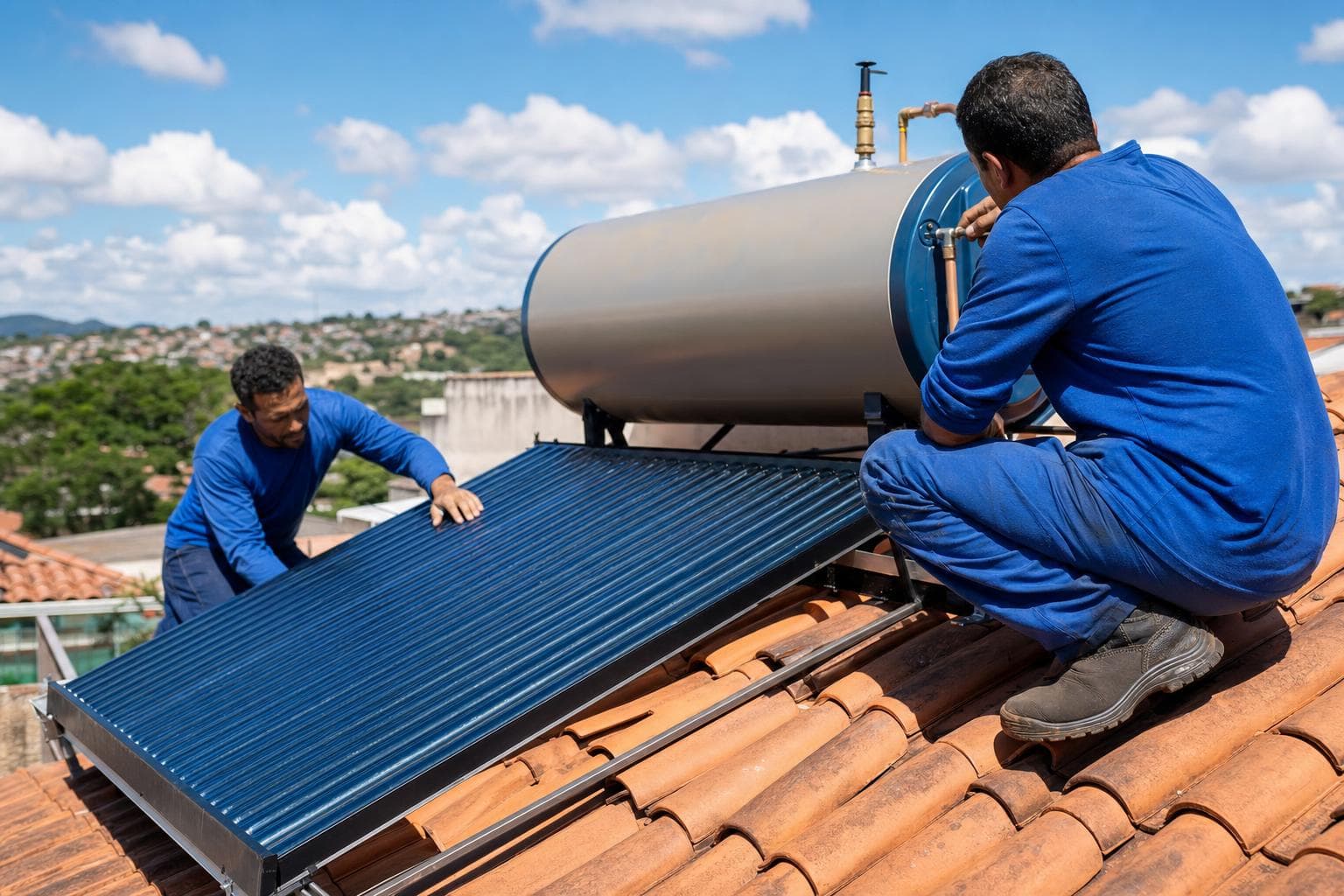 Instaladores fixando coletores solares de aquecimento de água em um telhado residencial