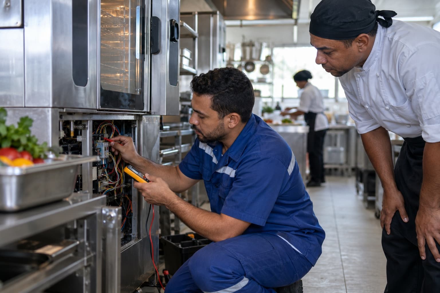 Técnico de uniforme azul consertando um forno combinado de inox com o painel aberto numa cozinha de restaurante