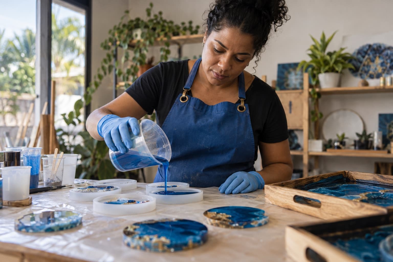 Artesã de avental azul e luvas despejando resina epóxi colorida em moldes de silicone sobre uma bancada com bandejas prontas