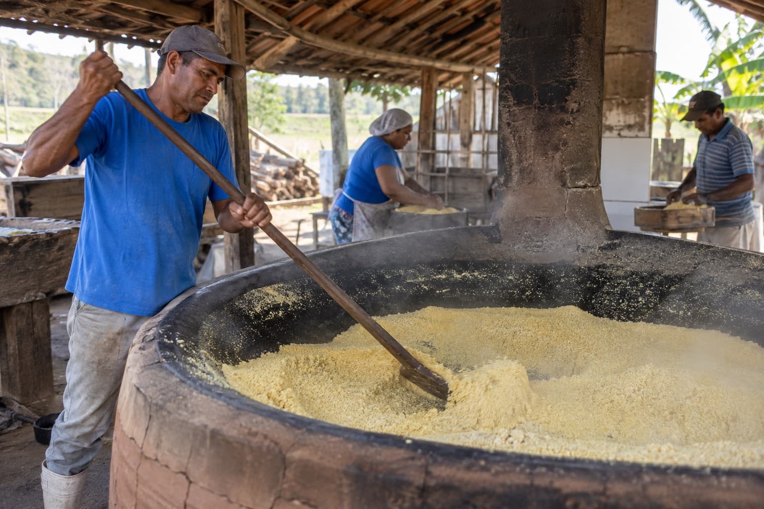 Trabalhadores numa casa de farinha do Nordeste torrando farinha de mandioca num grande forno de tijolo, um deles de camisa azul mexendo com uma pá de madeira