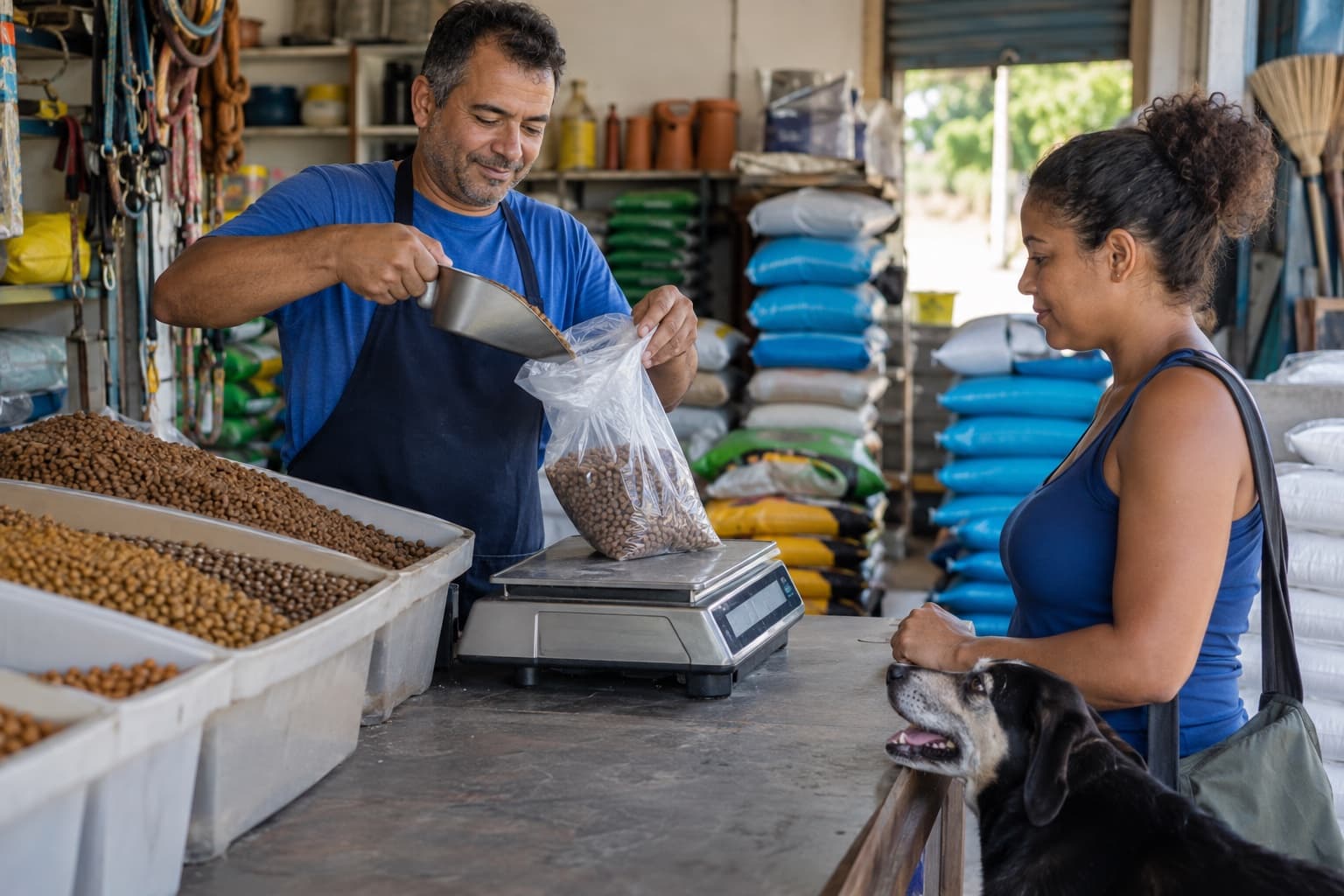 Comerciante pesando ração a granel numa balança para uma cliente, com sacos de ração empilhados ao fundo