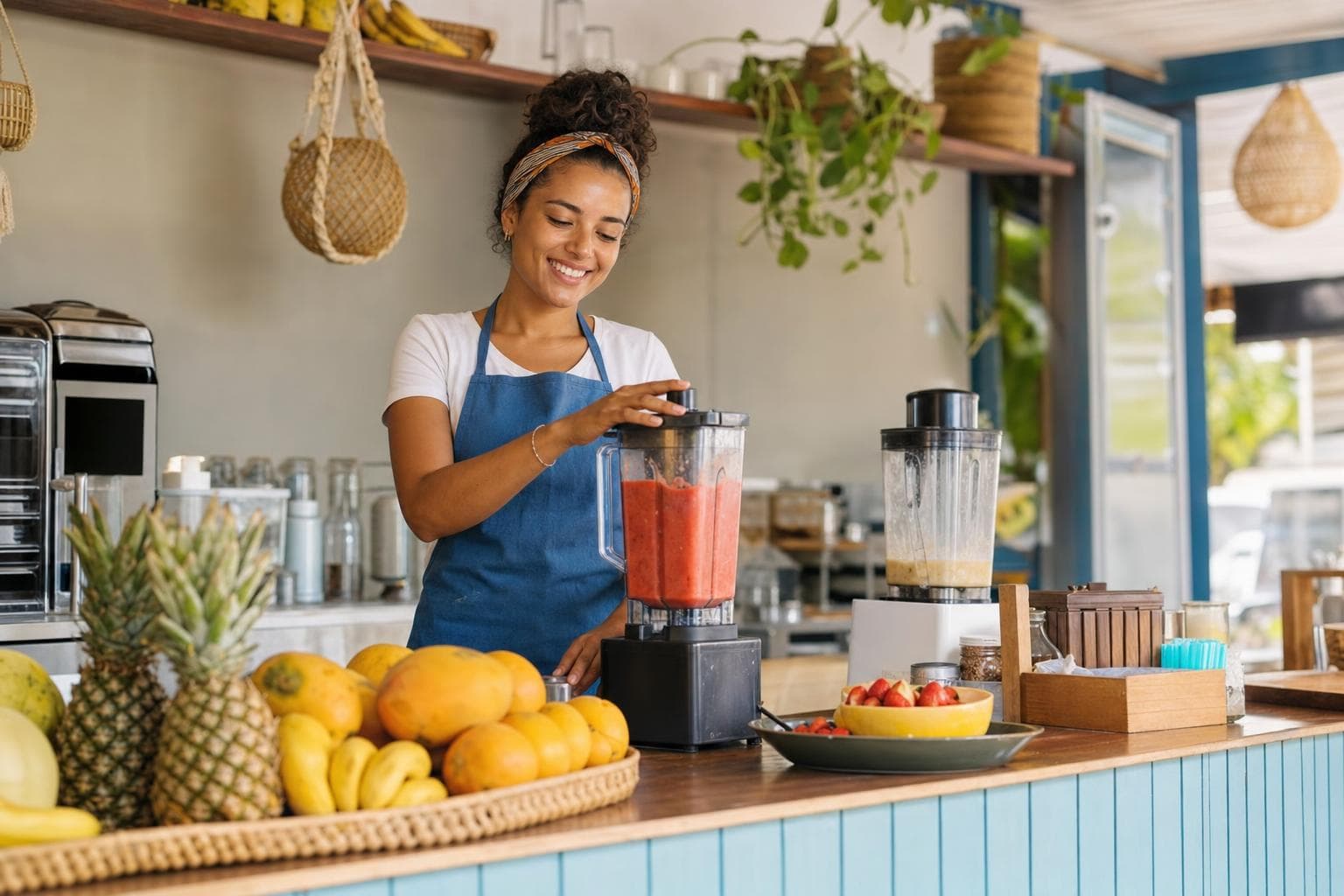 Balcão de casa de sucos com frutas frescas e copos de suco natural sendo preparados
