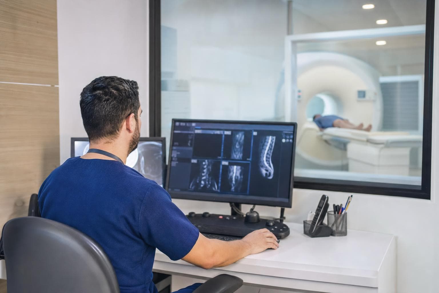 Técnico operando tomógrafo em sala de exame de clínica de diagnóstico por imagem