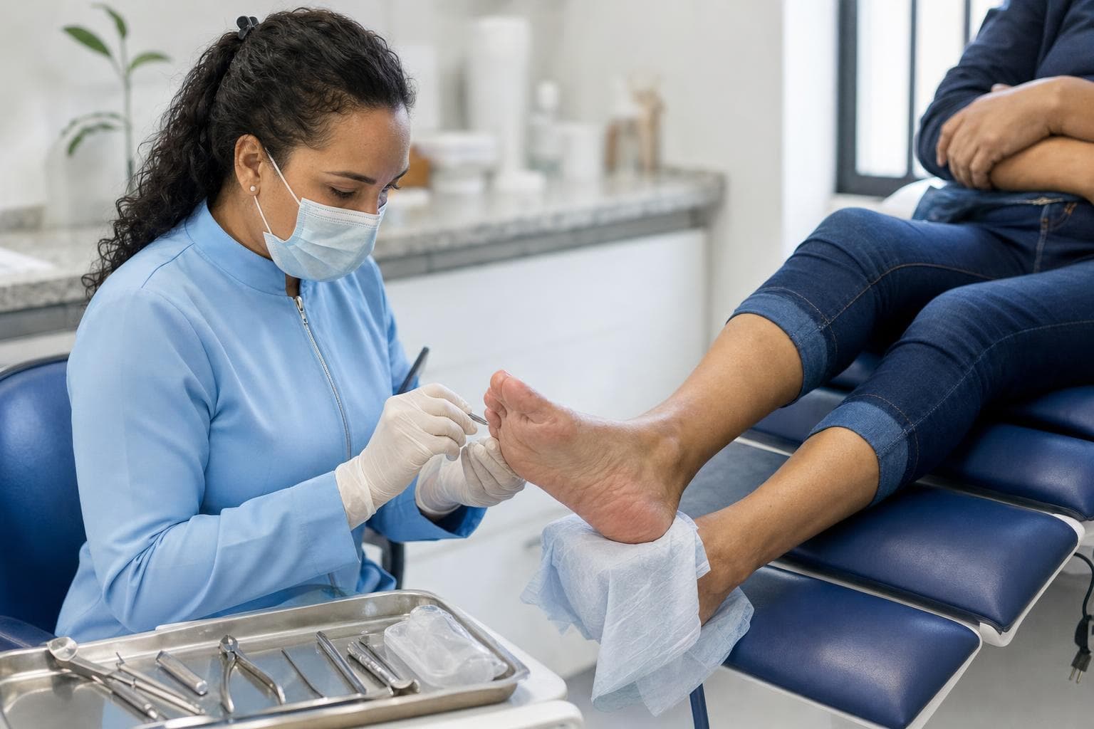 Podóloga atendendo os pés de um paciente em uma cadeira de podologia