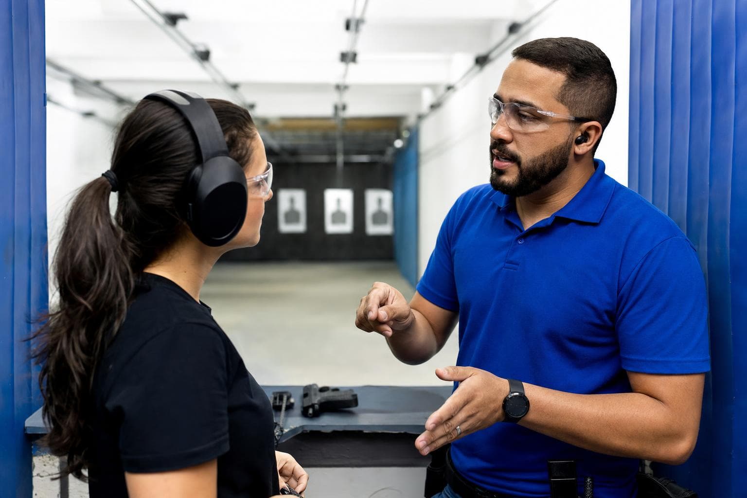 Instrutor explicando regras de segurança a um aluno com protetor auricular em uma linha de tiro