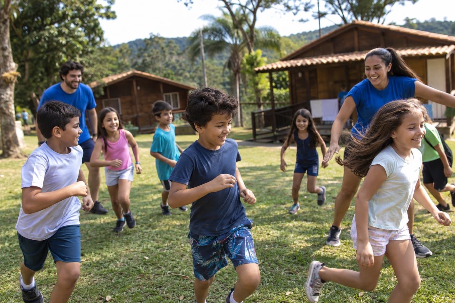 Monitores de camiseta azul conduzindo grupo de crianças em brincadeiras no gramado de acampamento rural com chalés de madeira e árvores