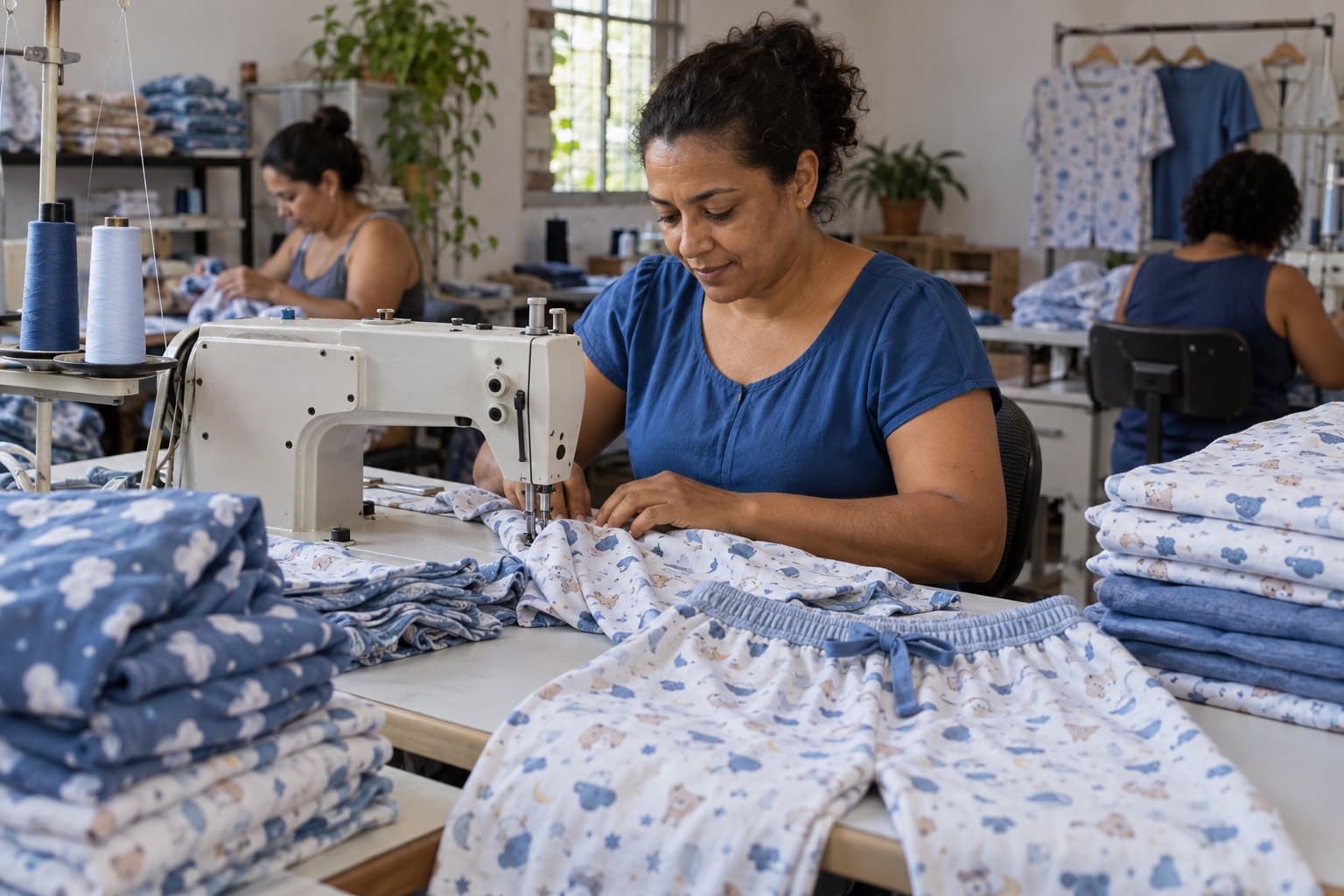 Costureira de blusa azul costurando um conjunto de pijama de algodão, com rolos de malha estampada e pijamas dobrados sobre a mesa de uma pequena confecção