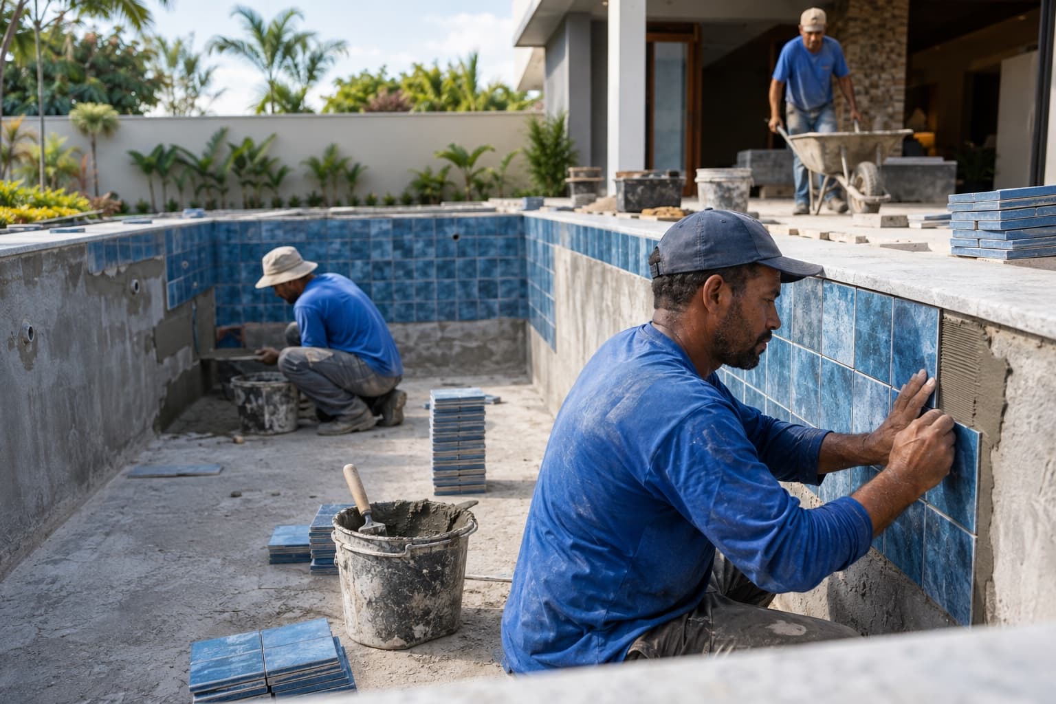 Pedreiros de camisa azul assentando pastilhas dentro de uma piscina de concreto em construção num quintal residencial