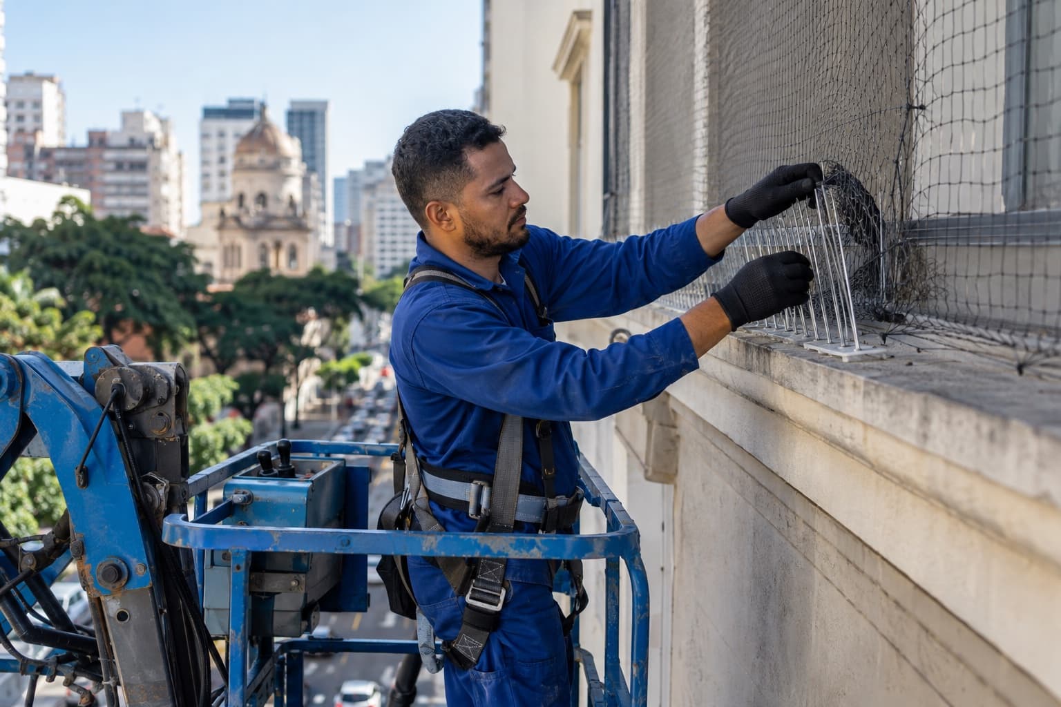 Técnico de uniforme azul instalando espículas antipombos e tela na marquise de um prédio, em pé numa plataforma elevatória