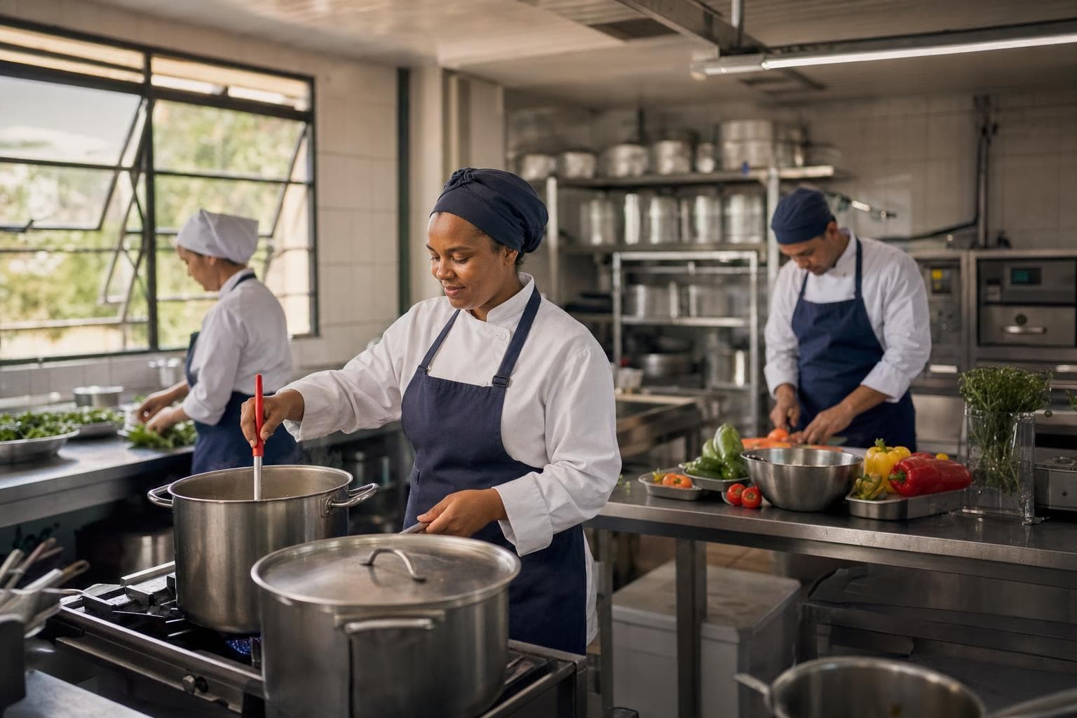 Equipe de cozinha industrial preparando refeições em panelões e cubas de aço