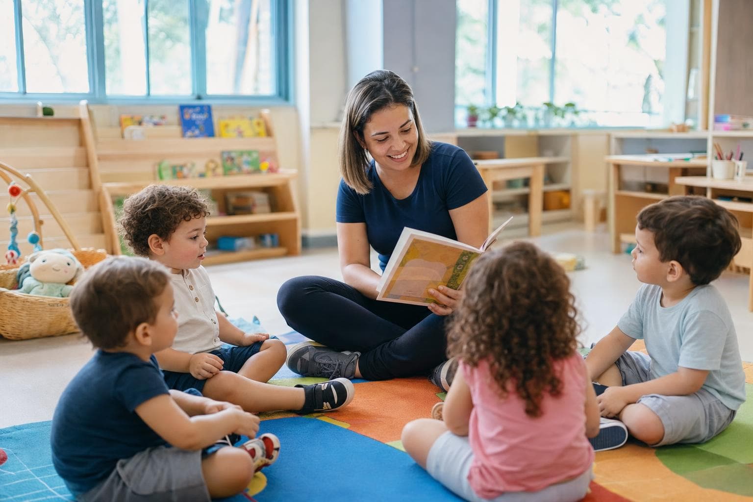 Educadora sentada no chão brincando com crianças pequenas em sala colorida de creche