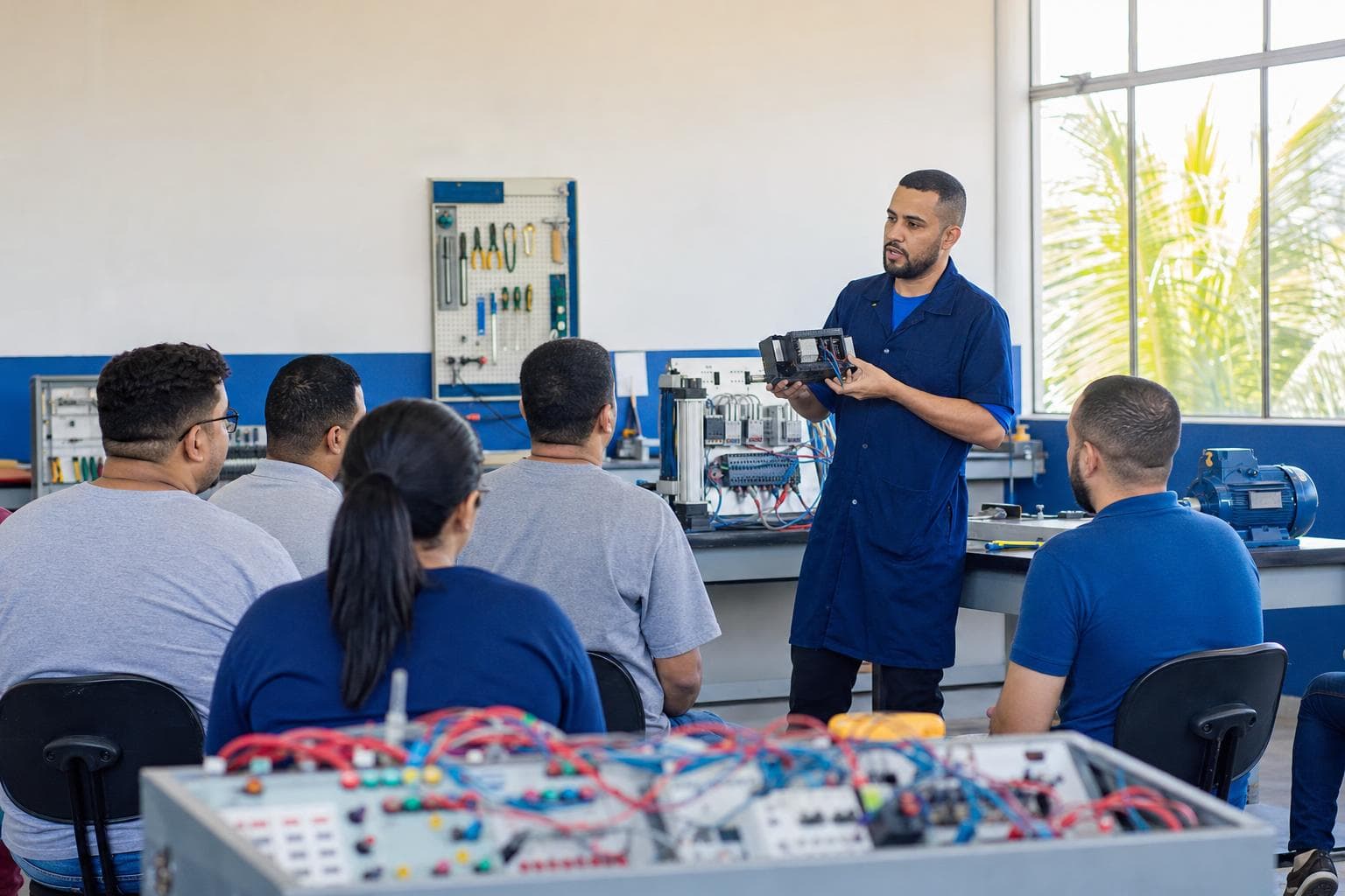 Instrutor demonstrando procedimento a alunos com equipamento de proteção em sala de curso técnico