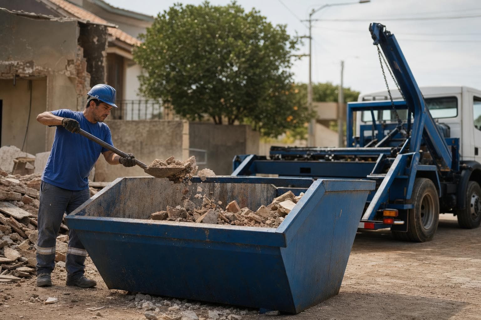 Caminhão poliguindaste recolhendo uma caçamba de entulho na frente de uma obra residencial