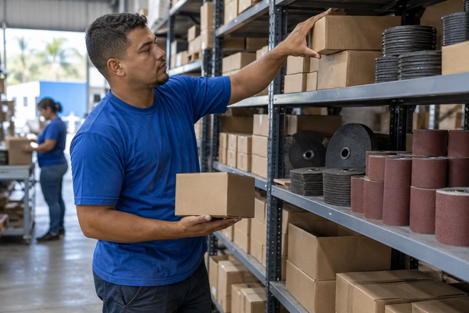 Estoquista de camisa azul separando caixas de discos de corte e rolos de lixa em prateleiras metálicas de uma distribuidora de abrasivos