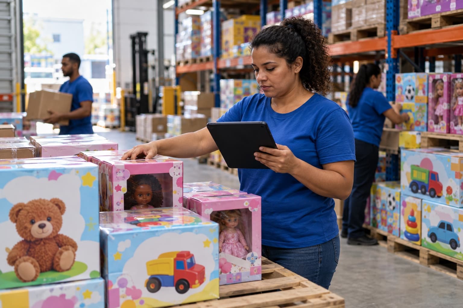 Mulher de camisa azul conferindo num tablet caixas de brinquedos e bonecas sobre paletes num armazém de distribuidora
