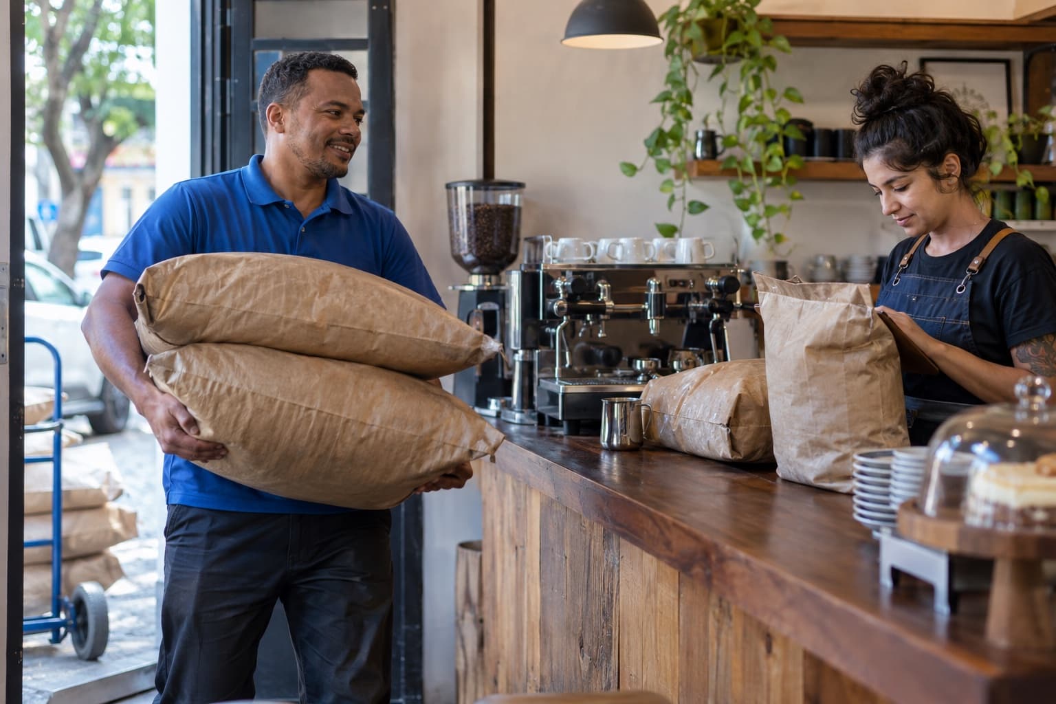Entregador de camisa polo azul carregando sacos de café em grão para dentro de uma cafeteria enquanto a barista confere a entrega perto da máquina de espresso