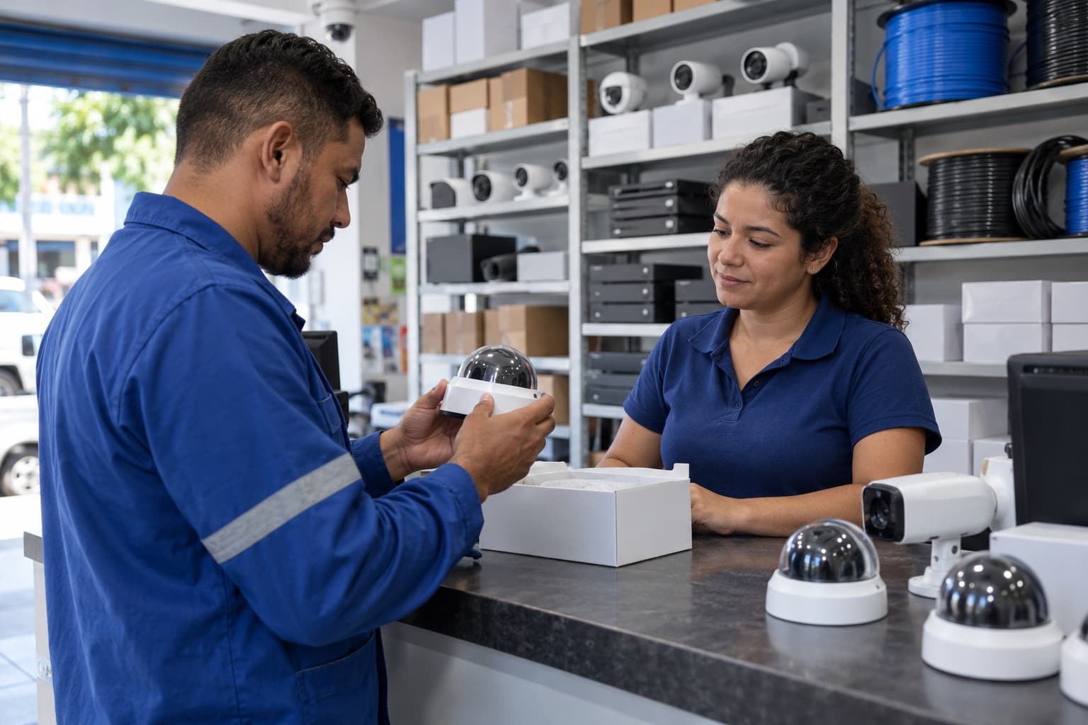 Instalador examinando uma câmera dome no balcão de uma distribuidora de segurança eletrônica, com câmeras e bobinas de cabo nas prateleiras
