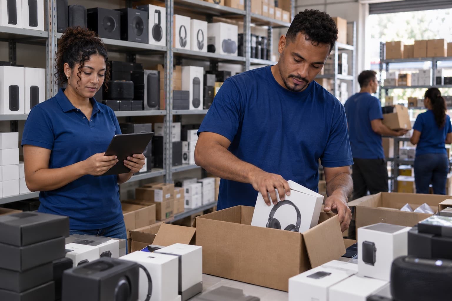 Funcionária com tablet e colega separando caixas de fones e caixas de som num estoque de eletrônicos