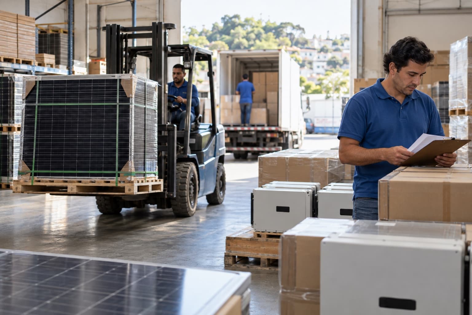 Paletes de módulos solares e caixas de inversores num depósito, com uma empilhadeira movendo uma carga e um integrador conferindo o pedido