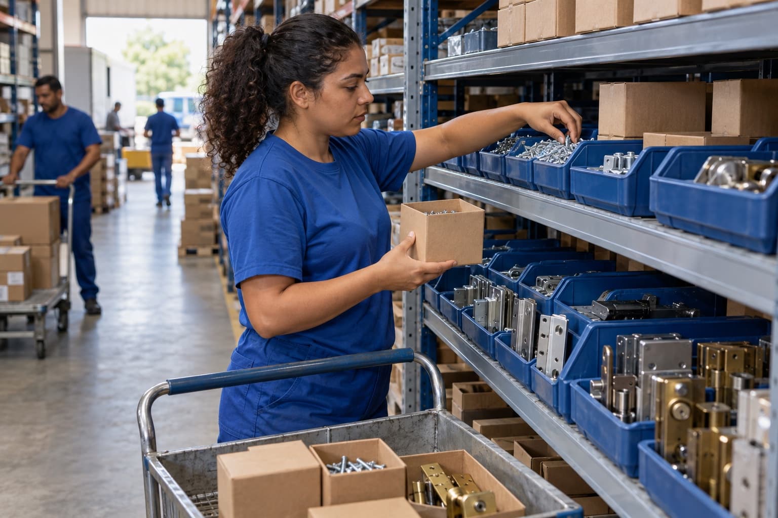 Funcionária de camisa azul separando caixas de parafusos, dobradiças e fechaduras de caixas organizadoras numa estante de distribuidora de ferragens