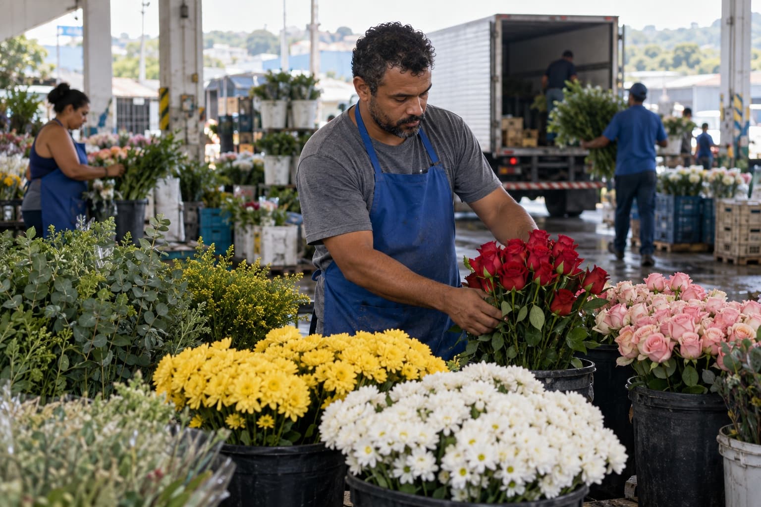 Homem de avental azul arrumando baldes de rosas, crisântemos e folhagens para pedidos de floriculturas num galpão de atacado de flores