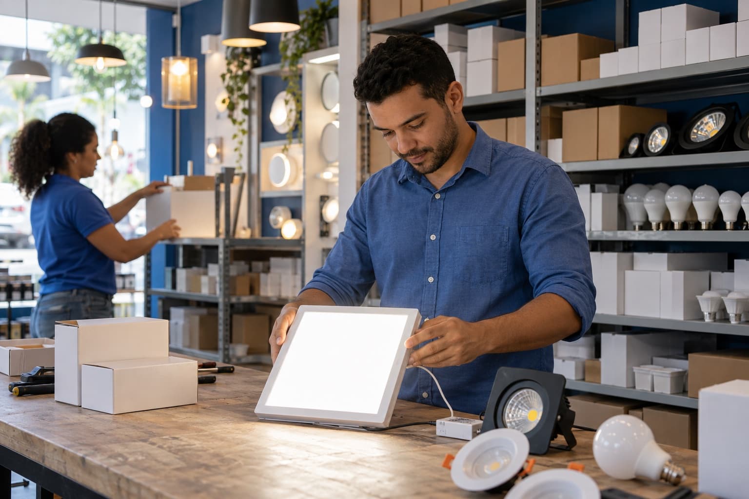 Vendedor de camisa azul testando um painel de LED numa bancada, com caixas de lâmpadas e spots nas prateleiras de uma distribuidora de iluminação