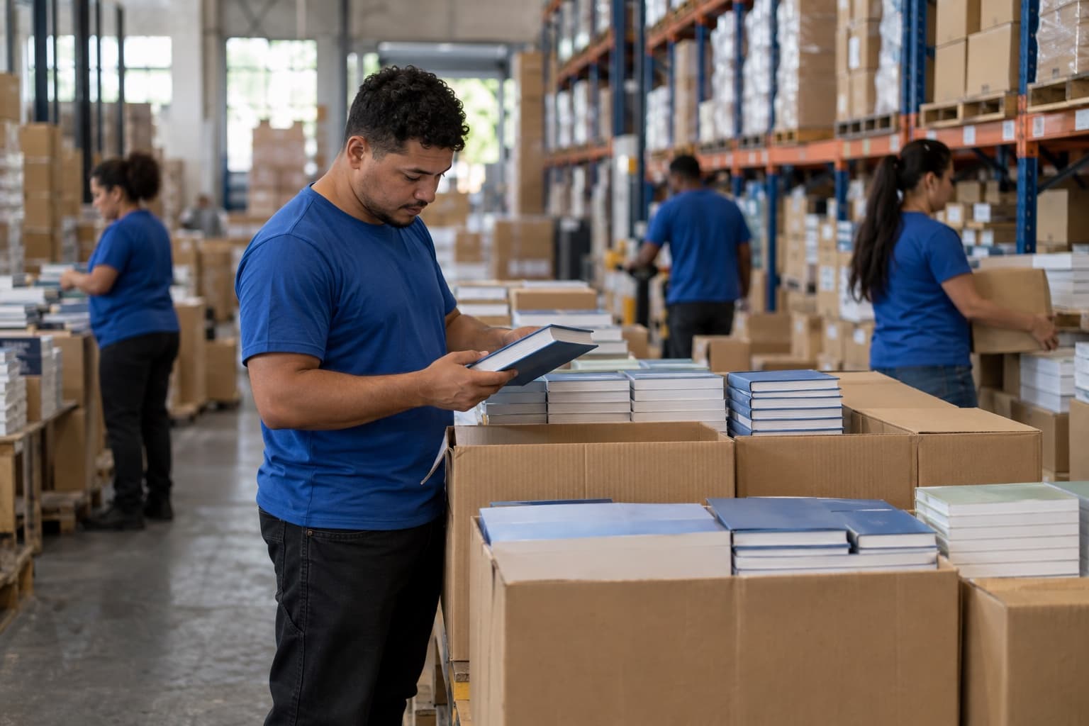 Funcionário de camisa azul conferindo pilhas de livros novos em caixas sobre paletes num galpão de distribuidora de livros