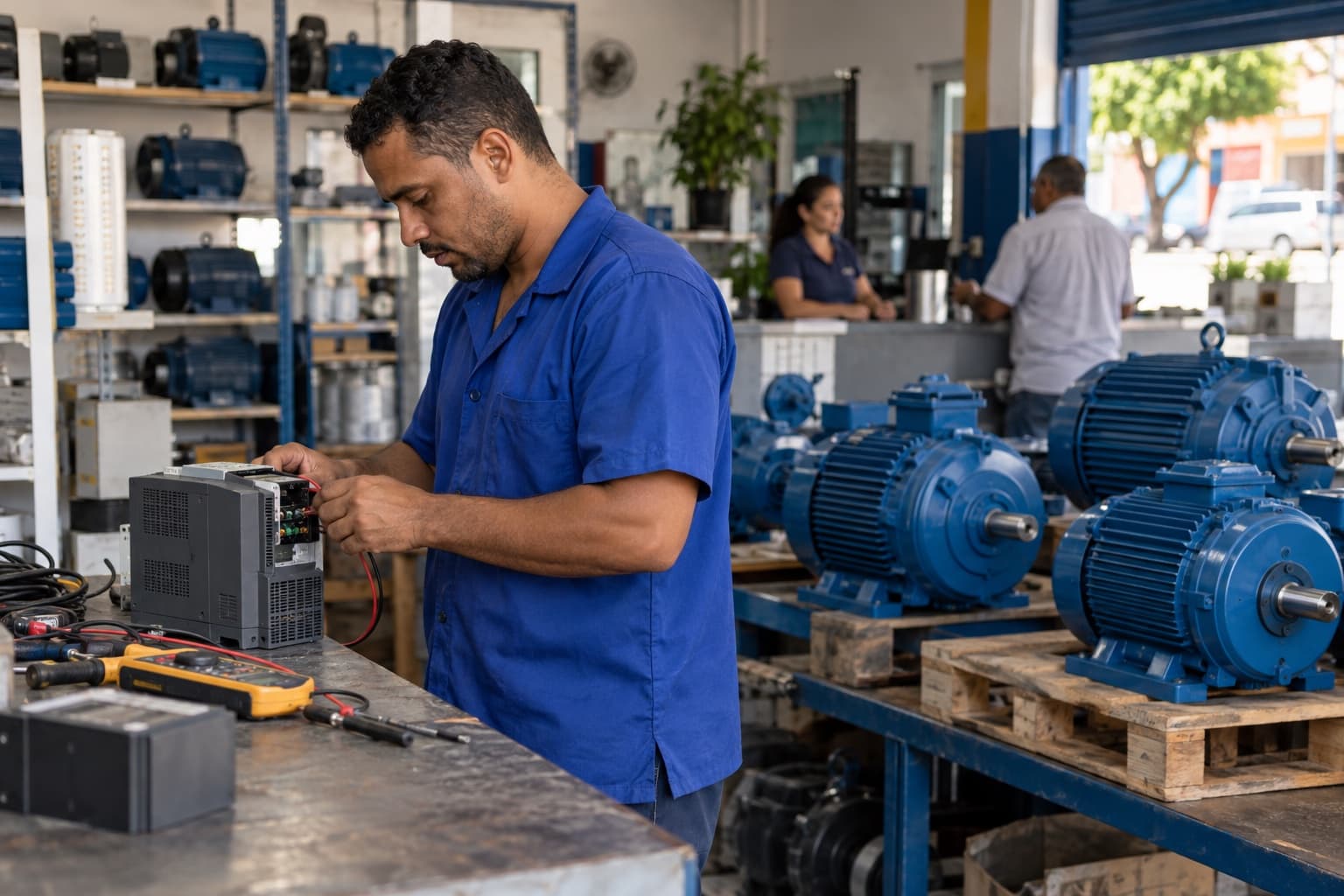 Técnico de camisa azul testando um inversor de frequência numa bancada ao lado de motores elétricos novos sobre paletes