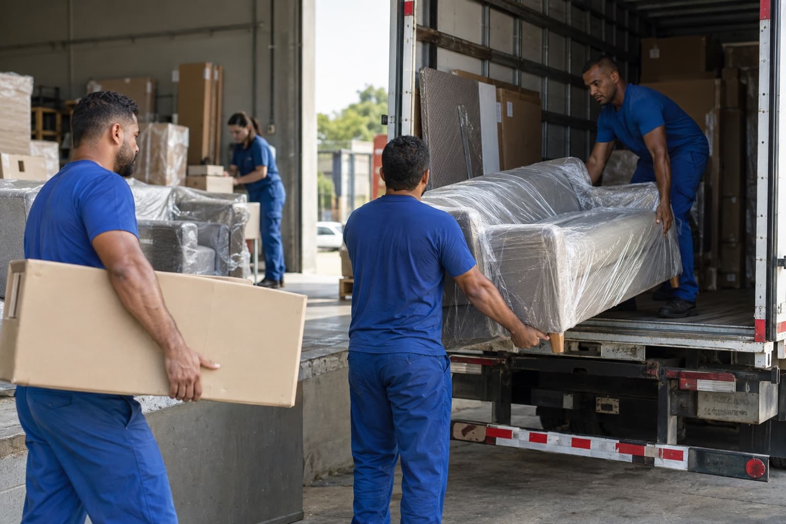 Funcionários de uniforme azul carregando sofás embalados e caixas de móveis desmontados num caminhão na doca de uma distribuidora de móveis