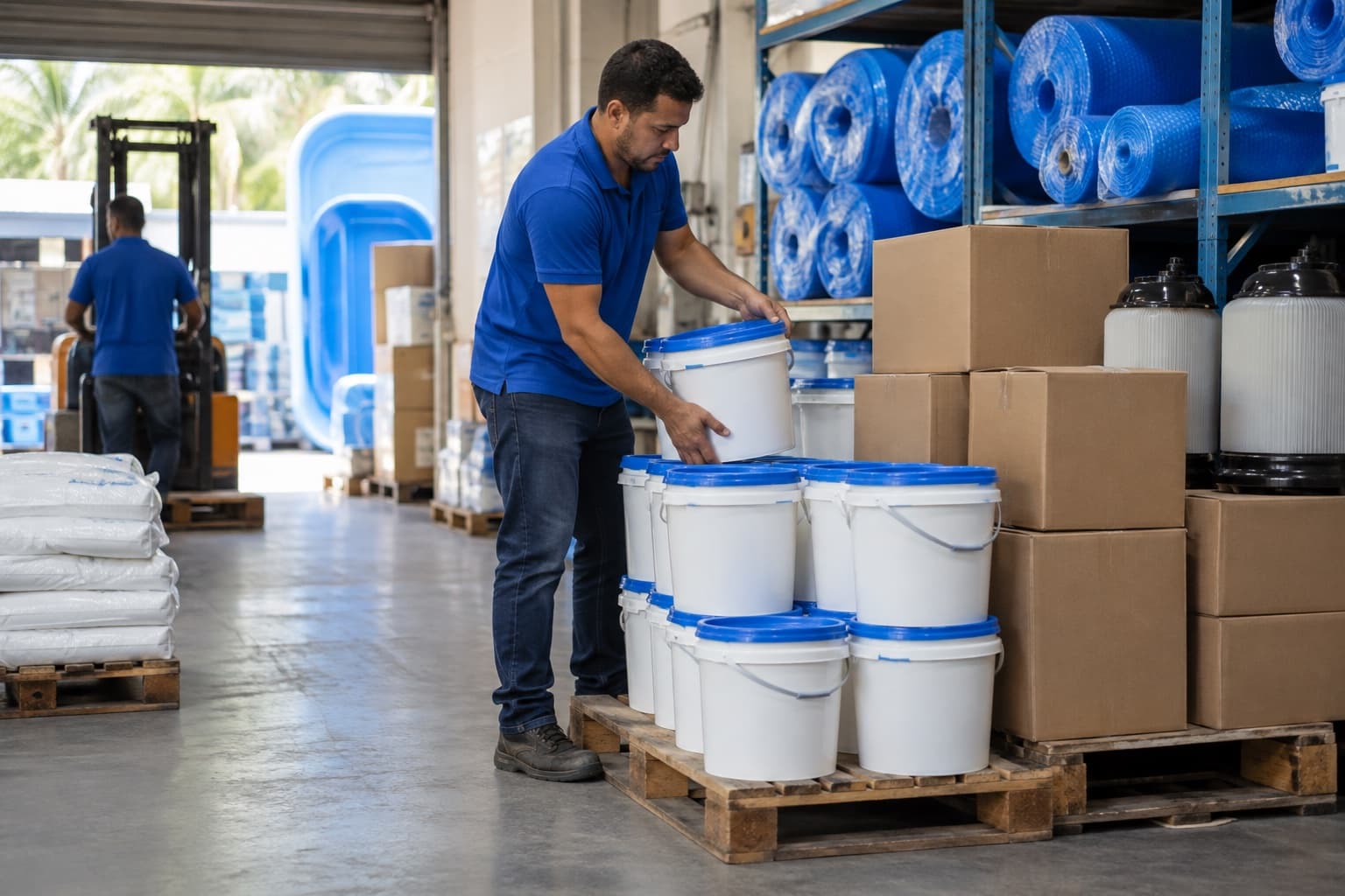 Funcionário de camisa polo azul empilhando baldes de cloro e caixas de filtros de piscina sobre paletes num depósito de distribuidora