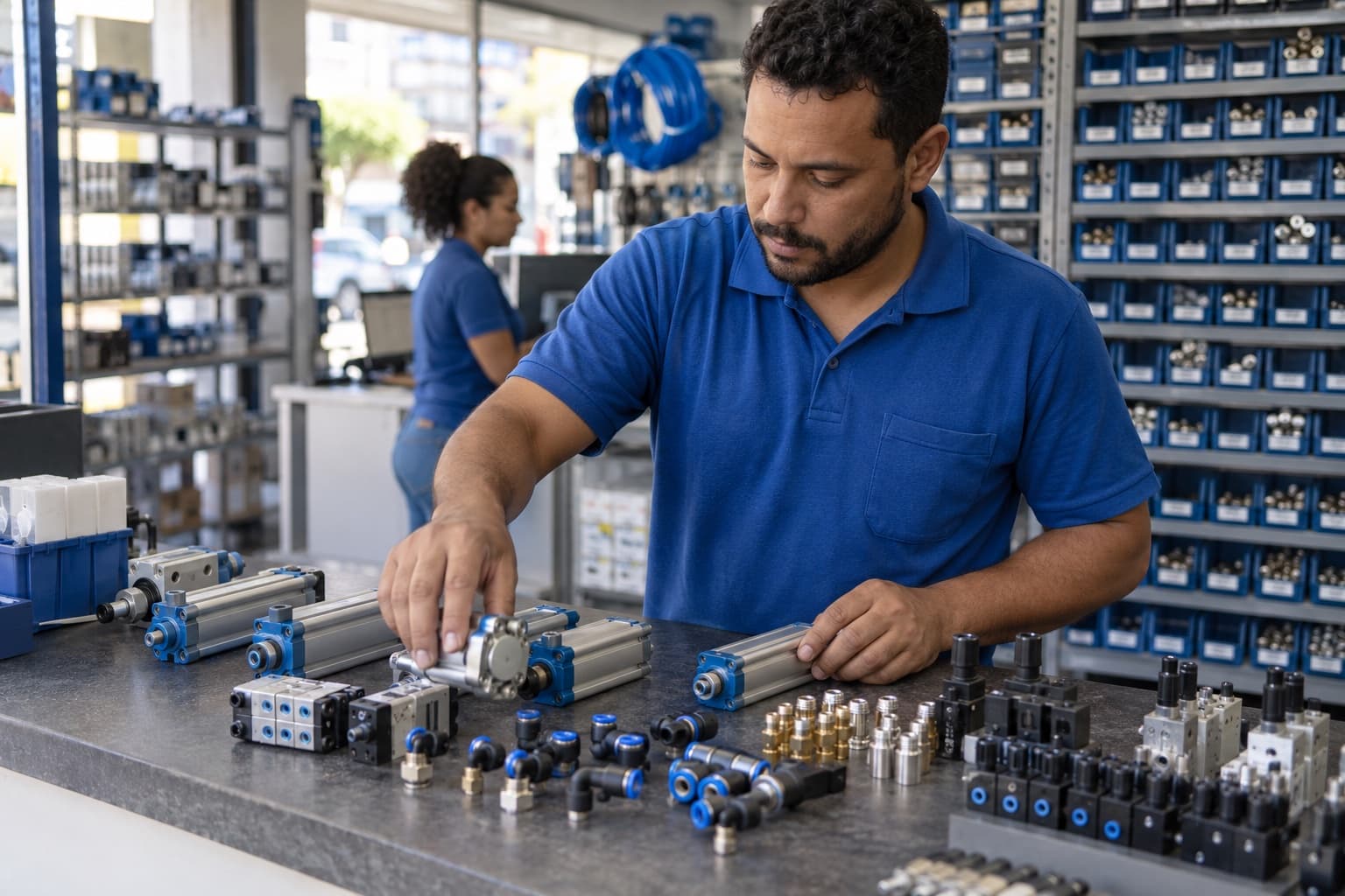 Técnico de camisa azul organizando cilindros pneumáticos, válvulas e conexões num balcão com gaveteiros de peças ao fundo
