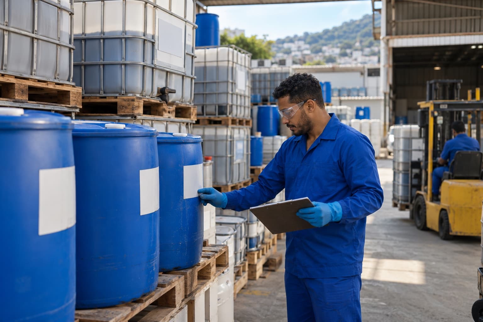 Trabalhador de macacão azul, óculos e luvas conferindo rótulos em bombonas plásticas e contêineres IBC sobre paletes