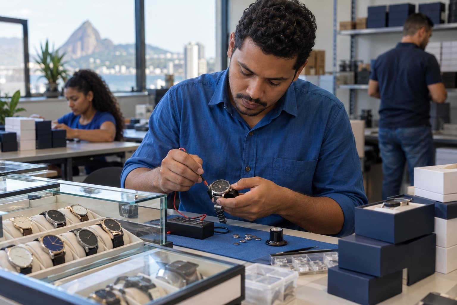 Homem de camisa azul organizando relógios de pulso em estojos de exposição e testando uma bateria numa pequena bancada de distribuidora